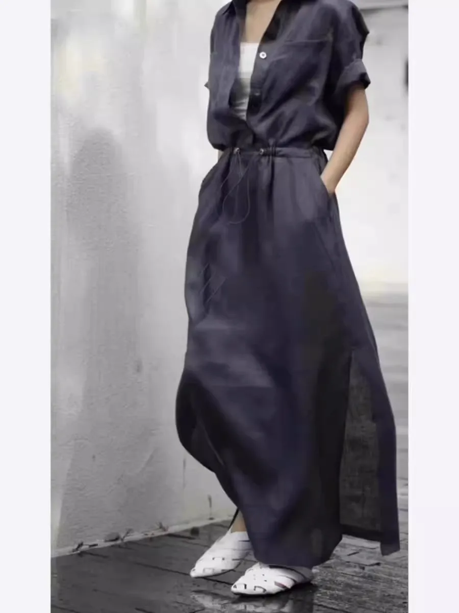 فستان كتان ريترو مع رباط خصر مرن ومزاج تنحيف مقاس كبير قميص نسائي فضفاض بأكمام قصيرة فستان طويل