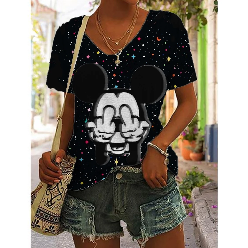 Simple Women\'s T-shirt Disney Mickey Mouse Print Tee Fashion V-neck Summer Loose Streetwear Female Clothes Casual Tshirt Ladies