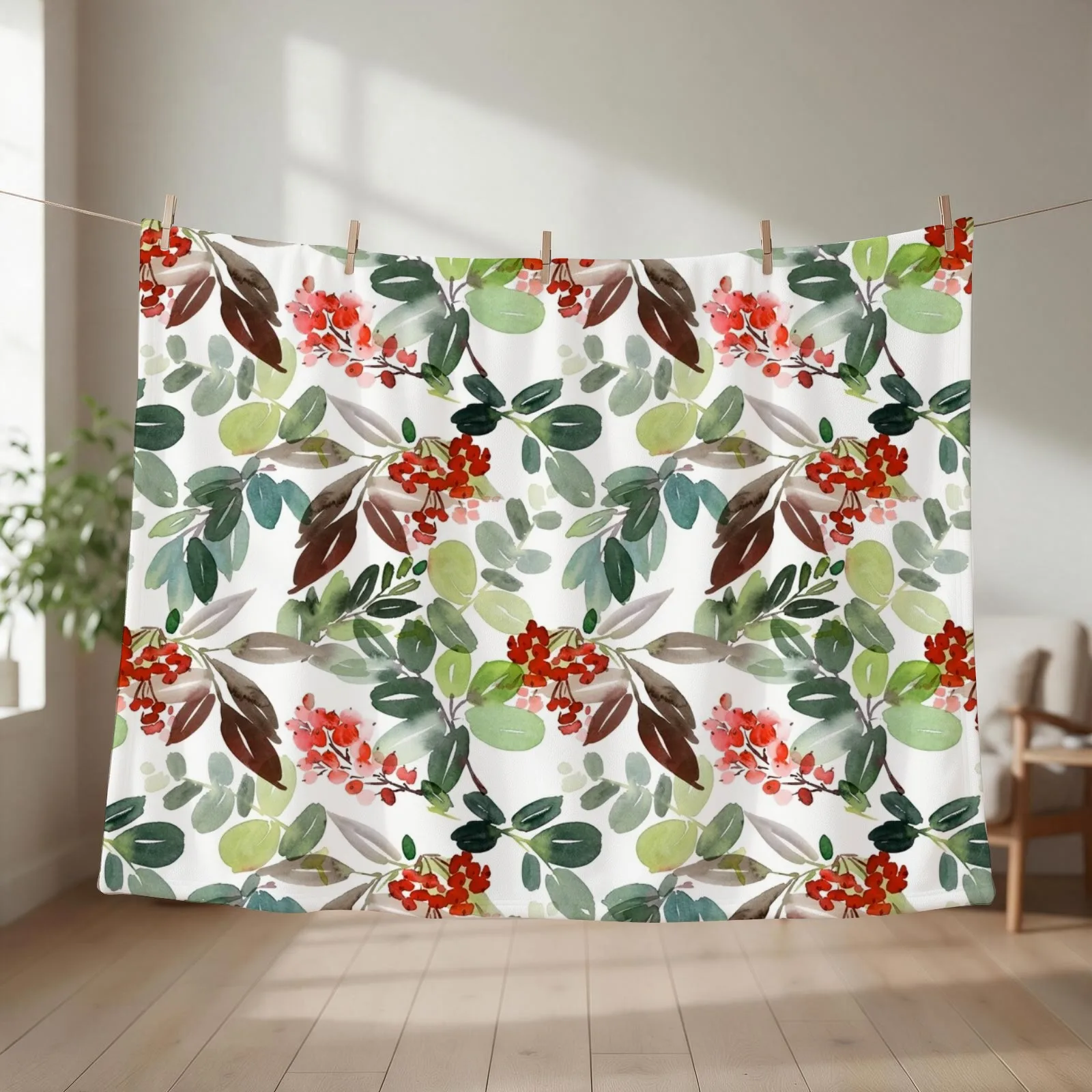 Watercolour Rowan Berries Throw Blanket couch cozy soft plush fuzzy picnic outdoor blanket