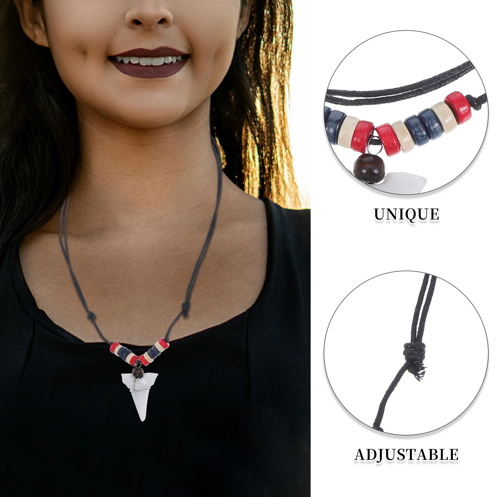 5 szt. Naszyjnik w stylu tybetańskim z regulowanym sznurkiem, zawieszka z imitacji zęba rekina, woskowany sznurek, biżuteria boho dla mężczyzn i kobiet, idealna na plażę i dla surferów.