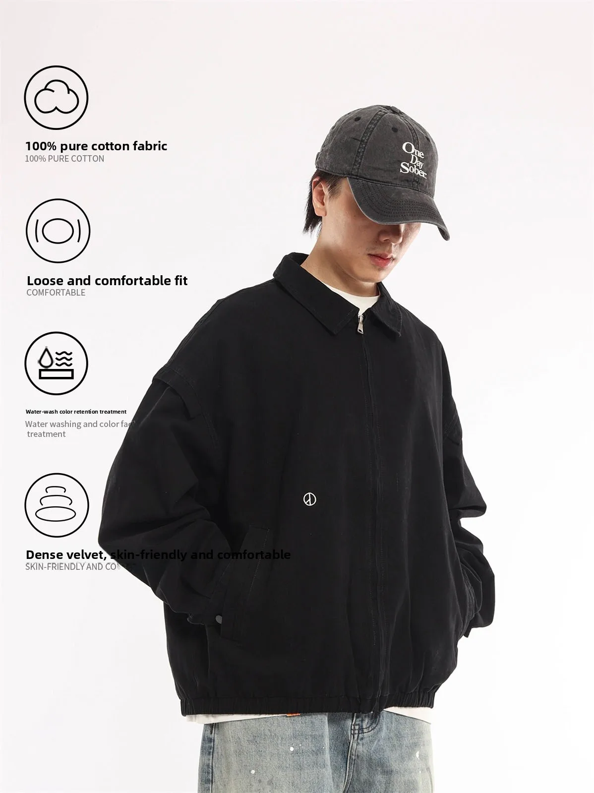 Washed Vintage Japanese Style Pure Cotton Jacket Simple Embroidered Collar Casual Workwear Versatile Loose Fit Men's Coat