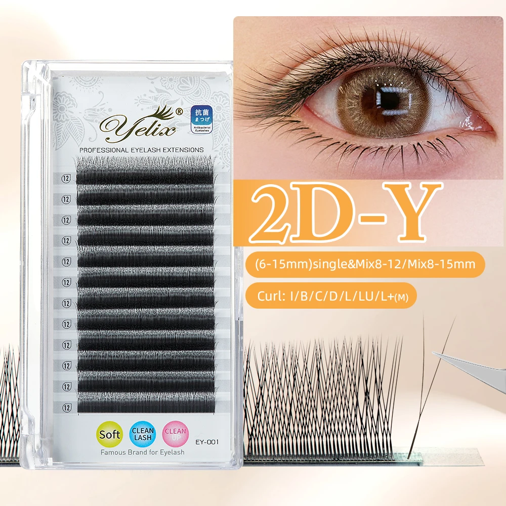 Yelix Single Tip 2D Y Eyelash Extension Większa Gęstość Miękkie Sztuczne Rzęsy Gotowe Kępki w Kształcie Litery Y do Makijażu