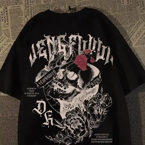 Men's Oversized Skull Rose Print T Shirt Gothic Streetwear Short Sleeve Casual Graphic Tee for Summer