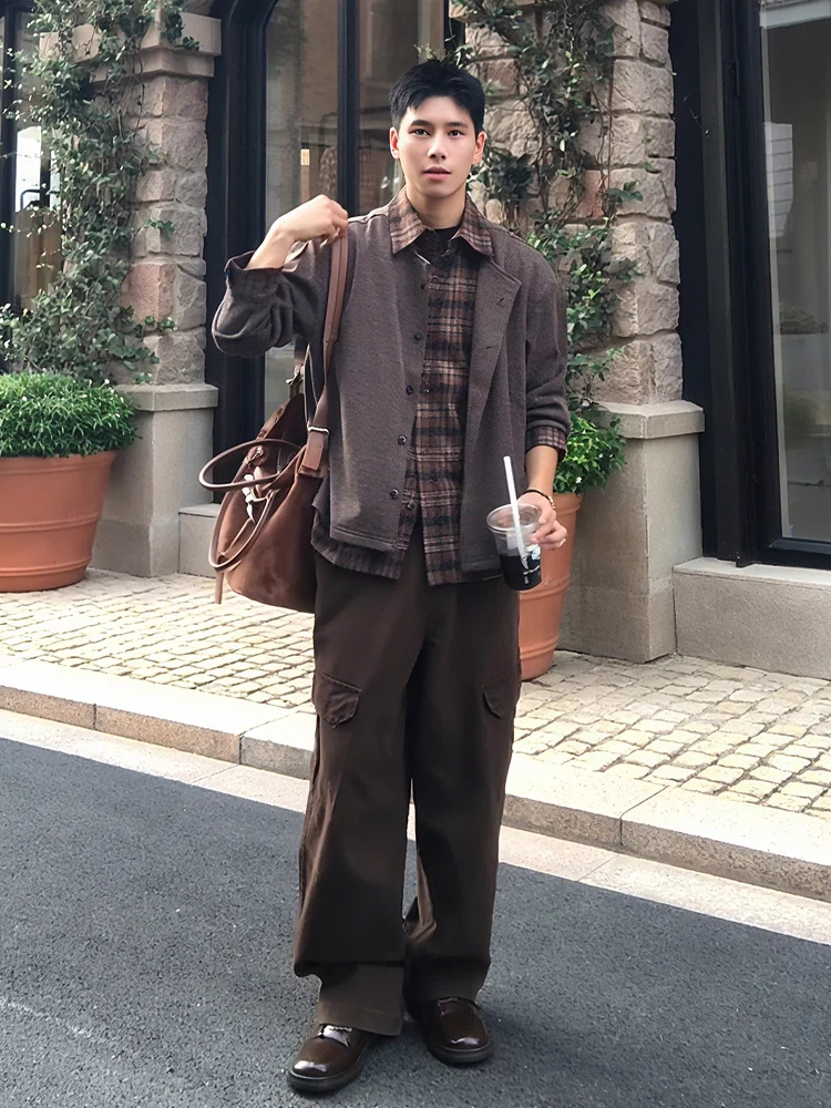 

American Retro Spliced Knitted irt Collar Cardigan for Men Early Autumn Casual Sle Stand Fit Long Sve Plaid Pattern