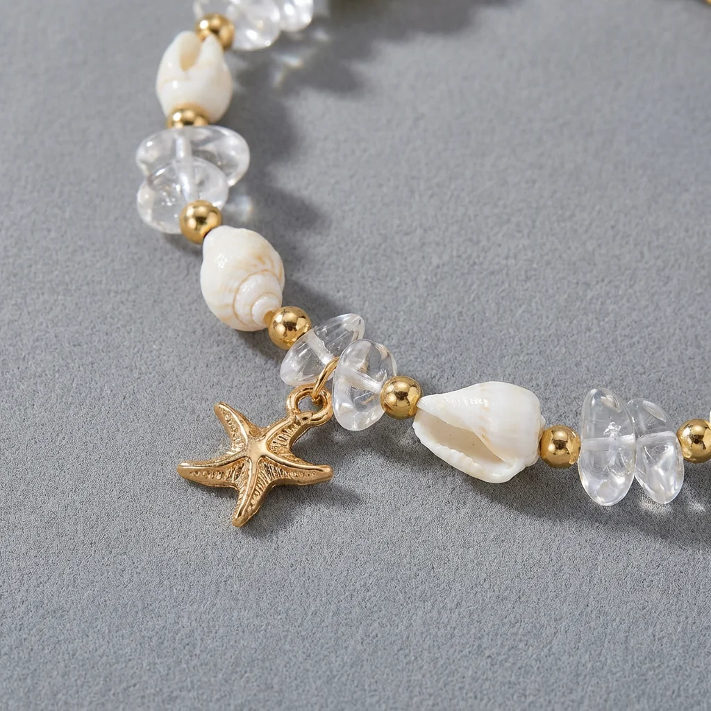 Boho Fußkettchen mit Muscheln für Frauen, Natürliche Kristallsteinperlen, Goldfarbener Seestern-Anhänger, Fußkette, Sommer-Strandschmuck, Geschenk – Detail 7
