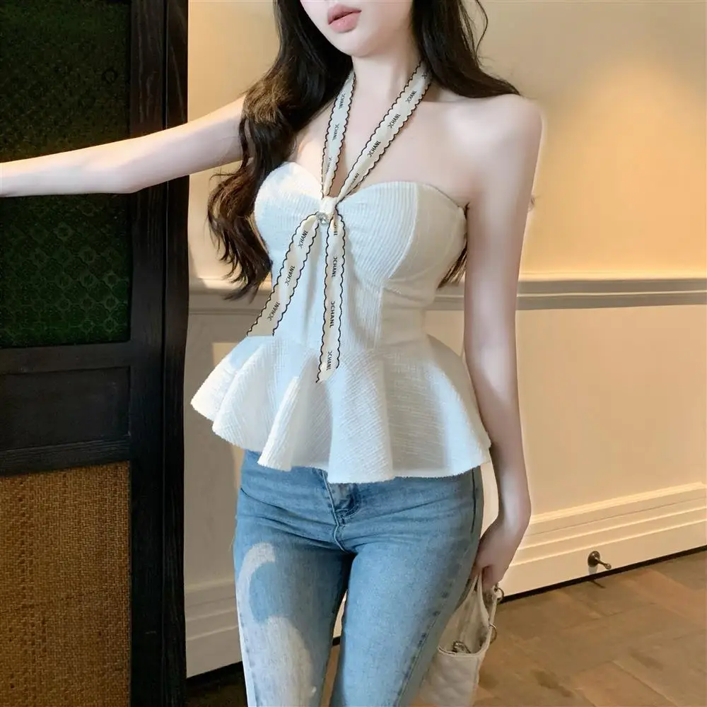 Sexy Thai Style One Shoulder Tube Top Women's Outerwear Summer Sweet And Spicy Girl Neck Hanging Strap Vest A-Line Narrow Str...