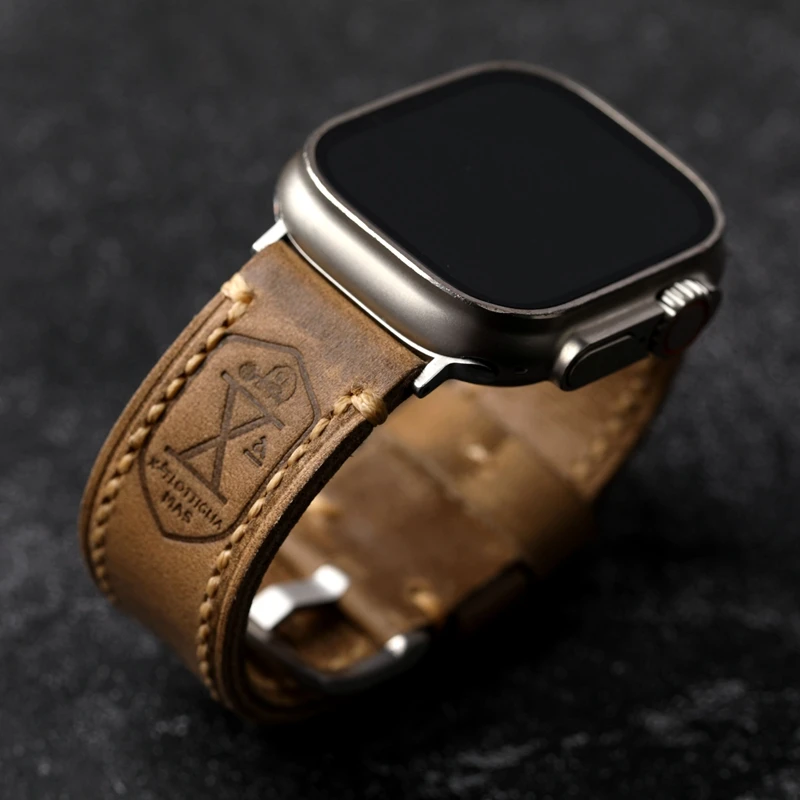 Handmade First Layer Cowhide Leather German Leather Adapted For Apple Watch 8 Ultra 7SE Retro Style Keather Thickened Bracelet