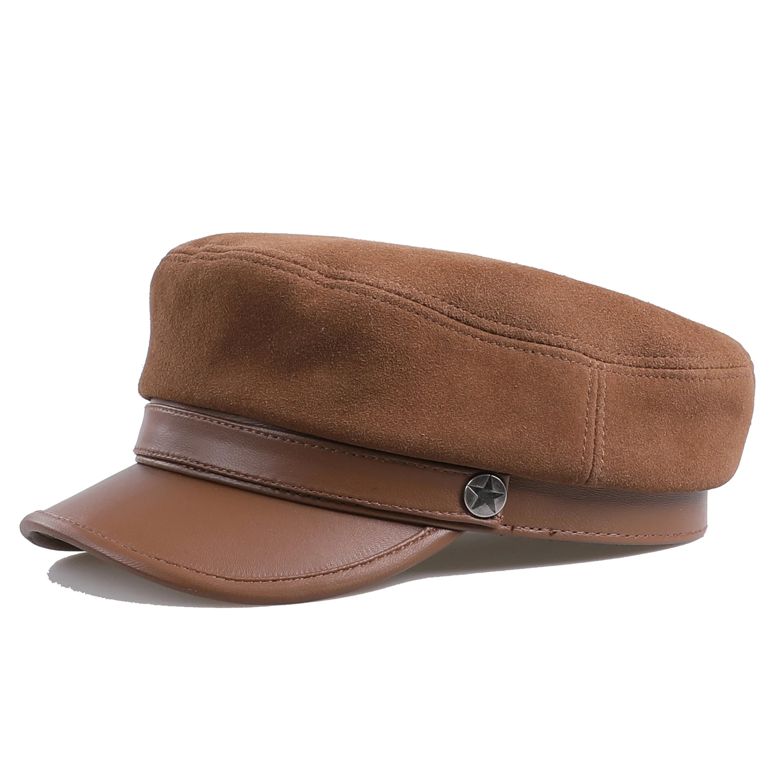 BOONJOVIA 100% Genuine Suede Leather Unisex Classic British Flat Top Cap-Military Army Style Sailo Hat-Breton Fiddler Hat