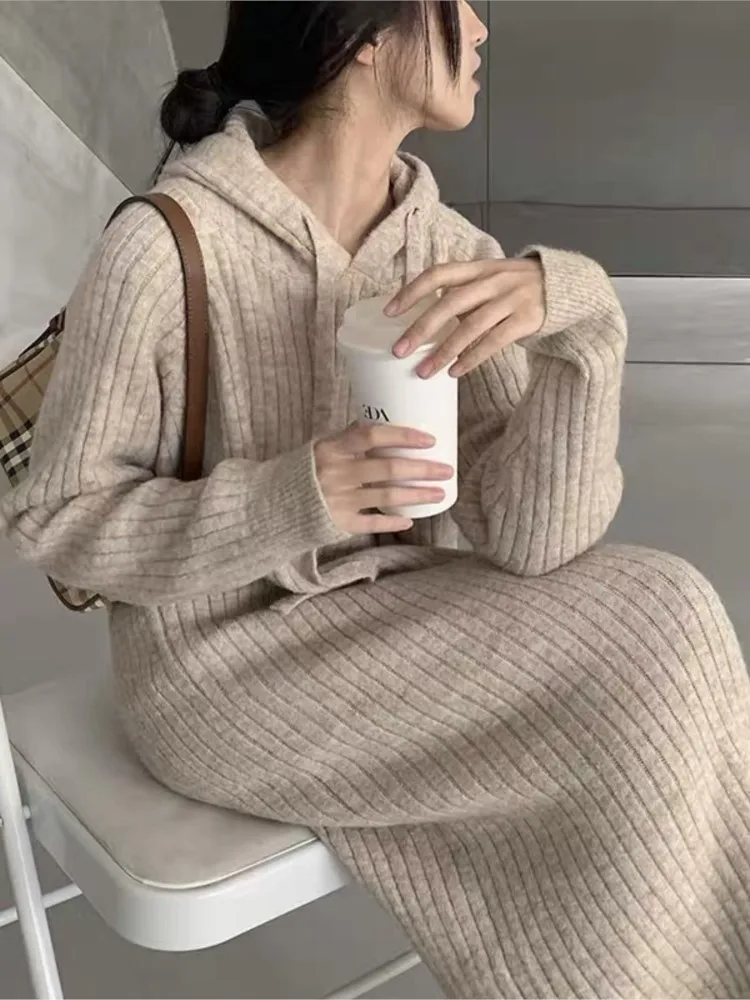 2025 Thickened Hooded Knitted Dress Long Straight Loose Casual Base Shirt Spring Autumn Winter Full Sleeve Ankle Length Dress