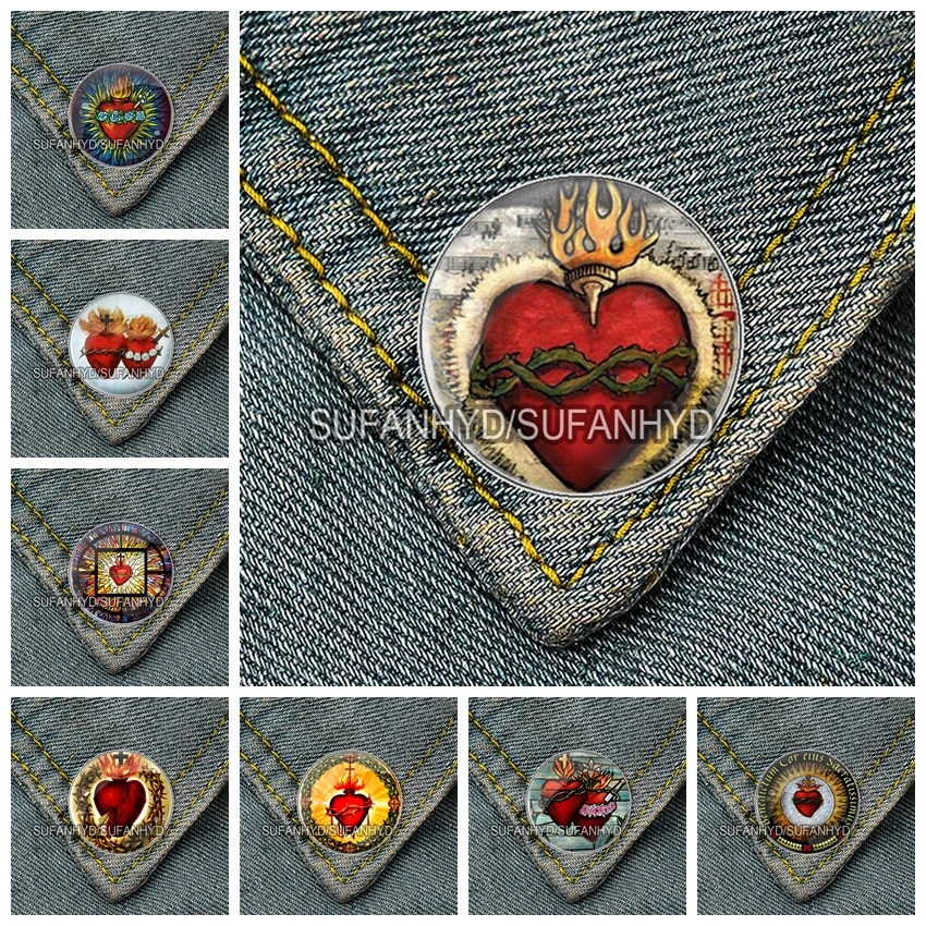 Stainless Steel Sacred Heart of Jesus Brooch for Women Catholic Man Badge Pins