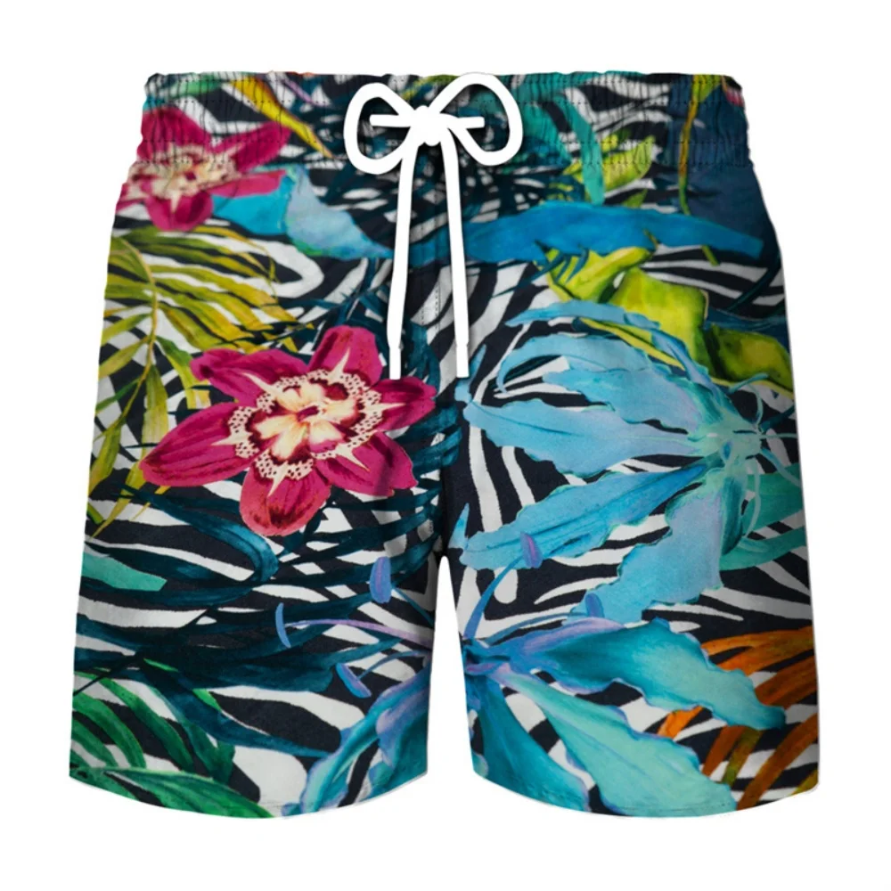 Hawaiian-style men's swim trunks with 3D tropical palm print. Mesh, breathable, quick-drying beach shorts, plus size casual swim