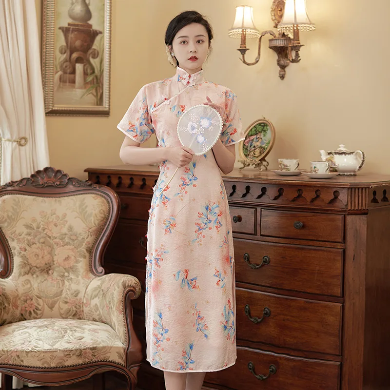 

Women Pink Cheongsam Floral Short Sleeve Vintage Dress Slim Female Fashion Costumes Traditional Qipao S To XXL