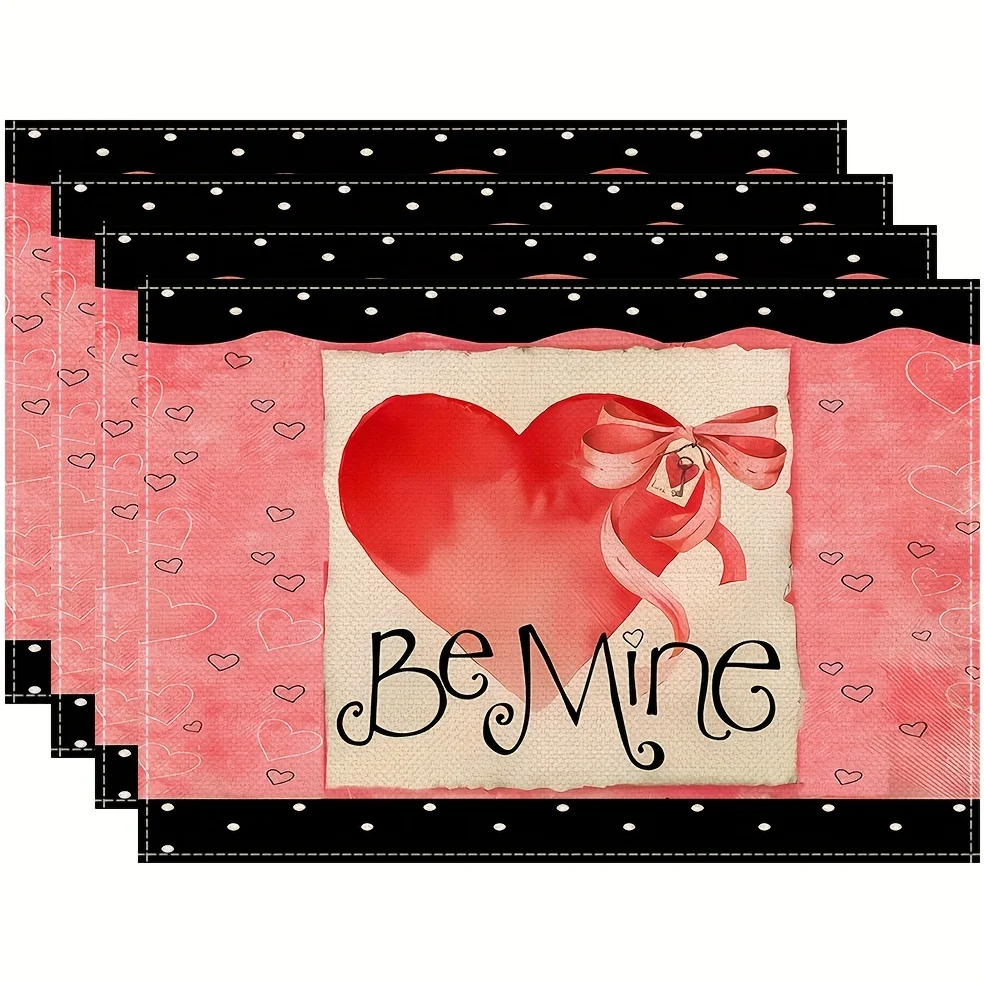 

Set of 4 Valentine'S Day Placemats - Woven Linen Square Placemats with Heart Design, Machine Washable, Fade Resistant 12x18 Inch