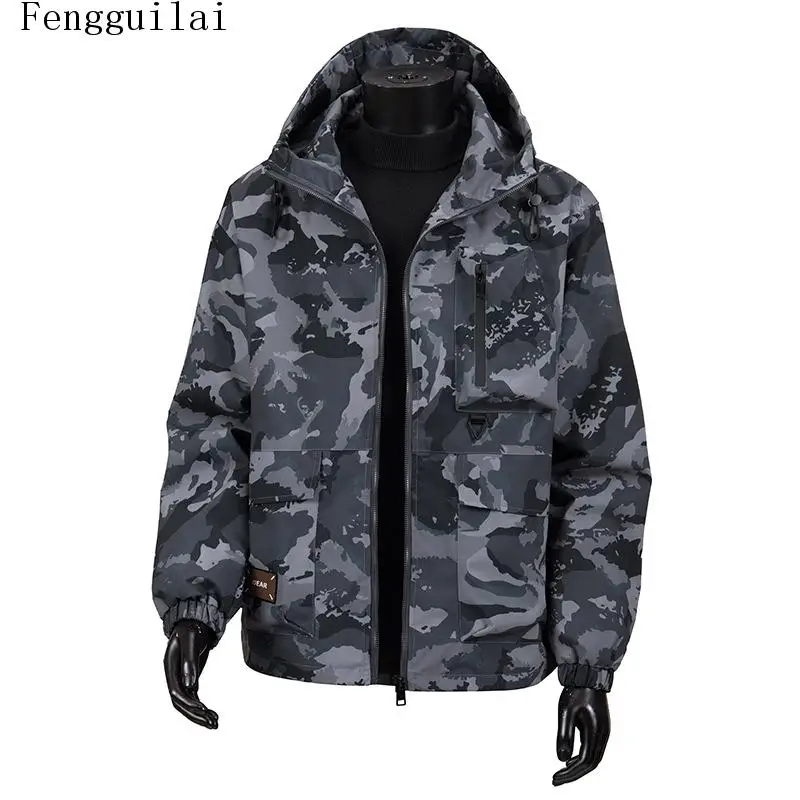 Men Camouflage Hooded Jacket Multi Pocket Cargo Coat Windproof Zip Up Outdoor Casual Camo Workwear Outerwear