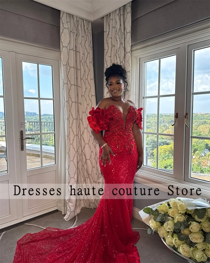 Stunning Aso Ebi Red Lace Evening Dresses 2026 Crystal Mermaid Wedding Party Gowns Prom Dress Vestido De Noiva Customizde