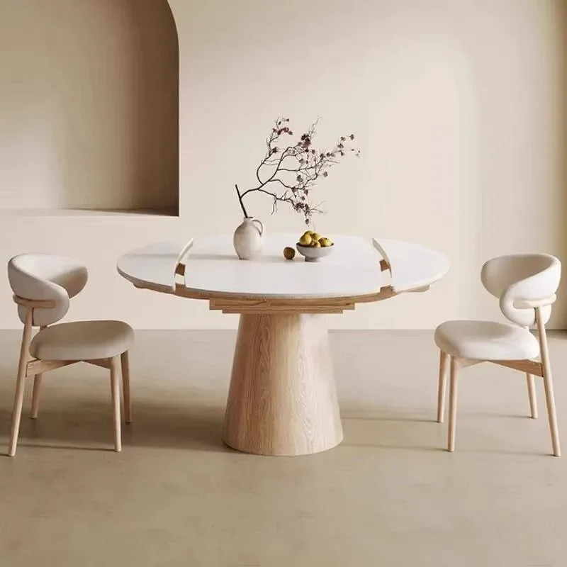 Modern Retro Extendable Round Dining Table Solid Wood Rock Slab Table Chair Set For Small Apartment