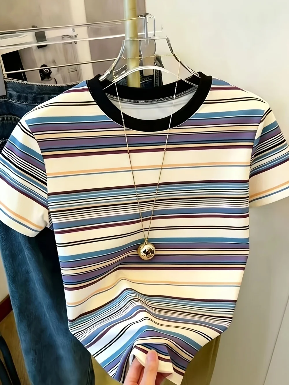 Damen Casual Gestreiftes Bedrucktes T-Shirt Kurzarm Mode Einfaches Herzförmiges Grafik-T-Shirt Urlaub Sommer Damenkleidung – Detail 9