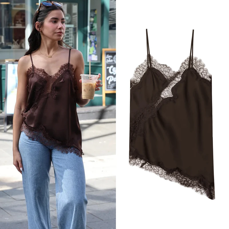 Braune Spitzen-Trägertops für Damen – Sexy, schicke Patchwork-Camisole-Tops, rückenfreie Sommer-Tanktops & Camis 2026 – Urlaubs-Strandtop für Frauen