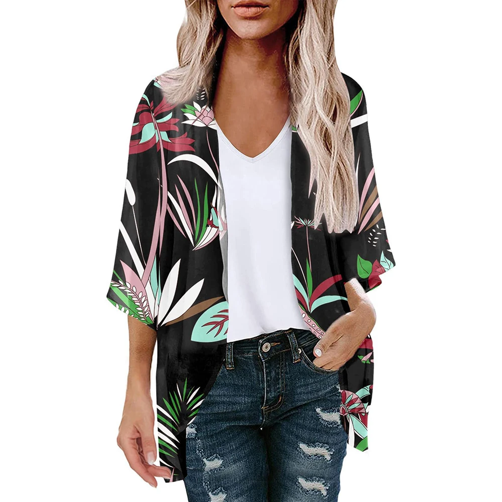 New Women\'s Tops Loose Floral Print Chiffon Coverups Beach Swim Bikini Kimono Cardigan Puff Sleeve Cover Ups Blouse for Swimwear