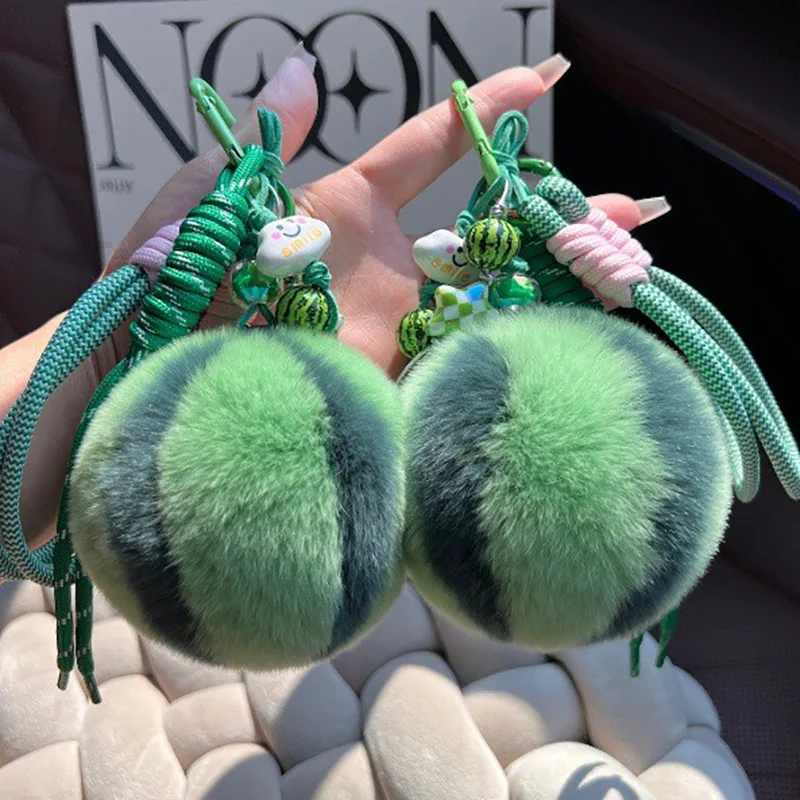 Cute real Angora rabbit fur little watermelon car keychain pendant, popular plush doll bag charm