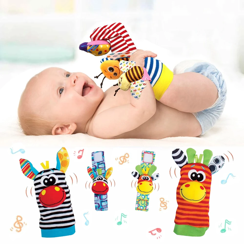 4 stuks babyspeelgoed voor 0-6 maanden zachte baby polsrammelaars en voetzoeker sokkenset, pasgeboren zintuiglijk speelgoed voor jongens en meisjes geschenken