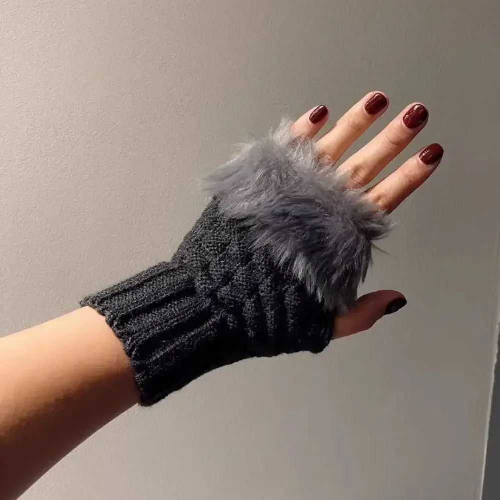 Y2k Style Women's Winter Gloves Faux Fur Knitting Hand Warmer Women Half Finger Gloves Wrist Mittens Writting Arm Wrist Gants - view 3