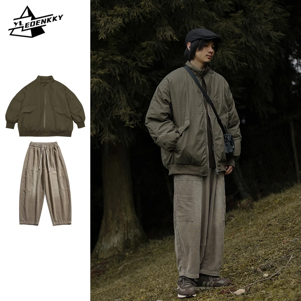 Japanese Winter Set Military Thickened Cargo Baseball Parka+Multi-pocket Drawstring Corduroy Casual Pants Vintage Two-piece Set