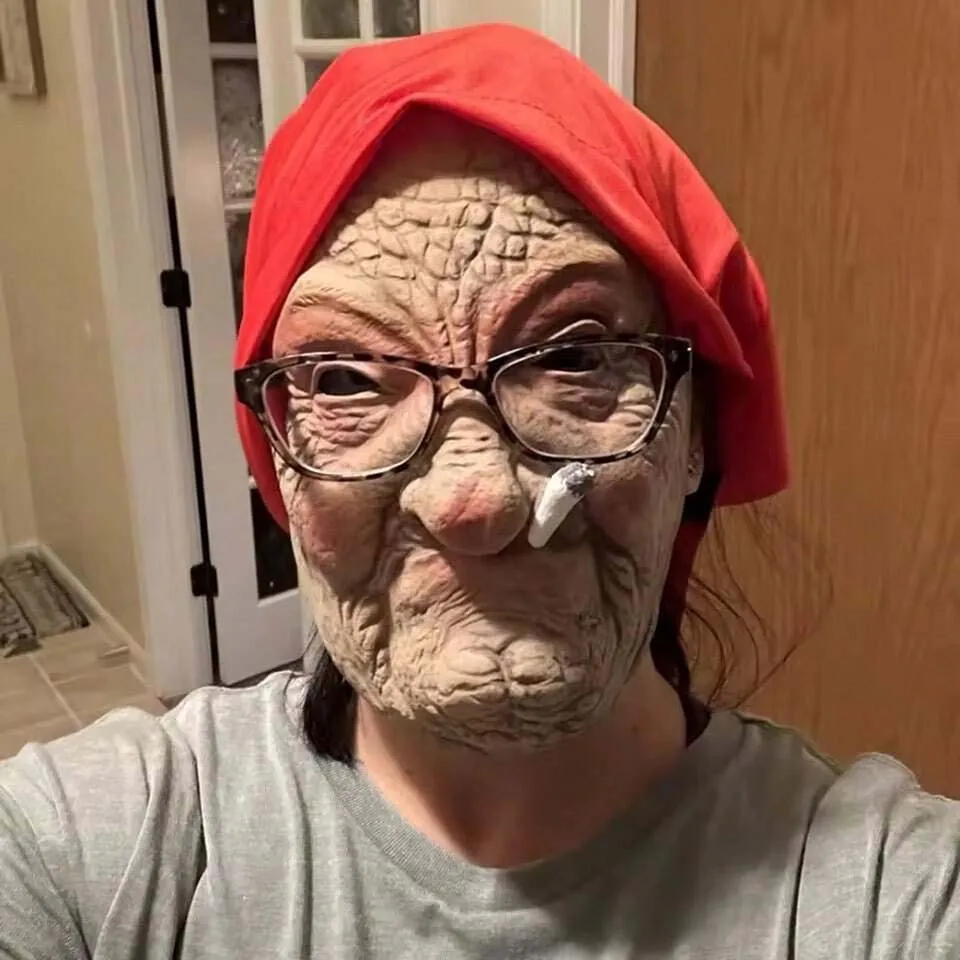 Funny Smoking Granny Old Nana Latex Mask Lady Grandma With Wrinkled Face and Red Scarf Masks Halloween Party Costume Props - view 2