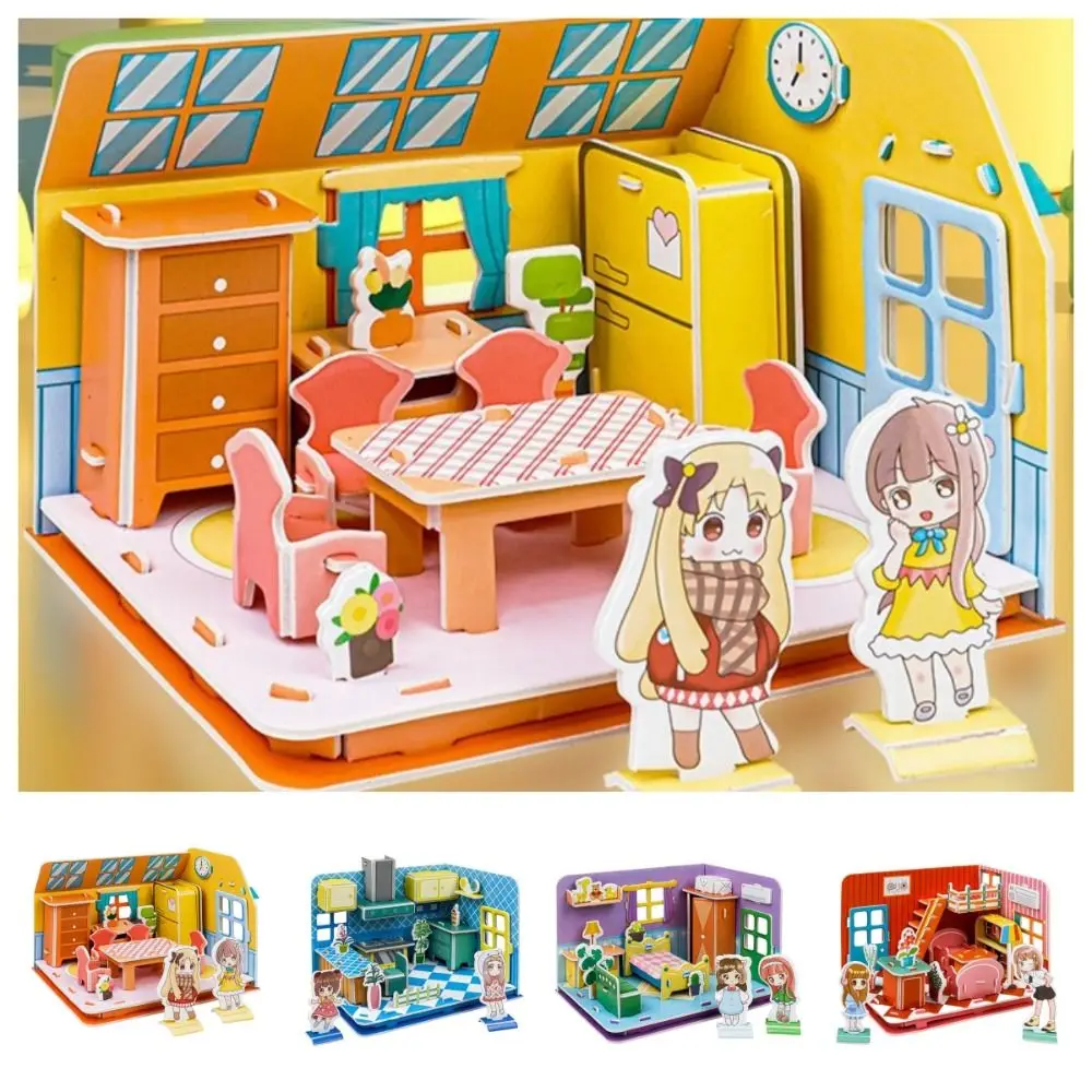 Living Room DIY Puzzle Dollhouse Room Study Kitchen Pretend Play Paper Doll House Handmade Cartoon 3D Paper Puzzle Room Gifts