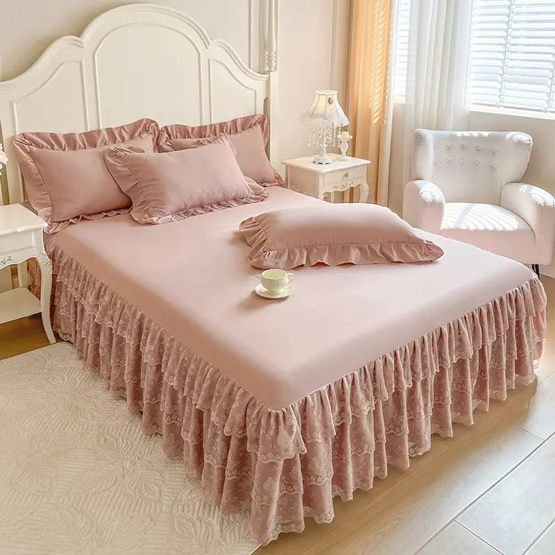 French Lace Bed Skirt for Girls Ruffled Bedroom Bed Cover Four Season Mattress Cover Bedsheet with 2pcs Pillowcase
