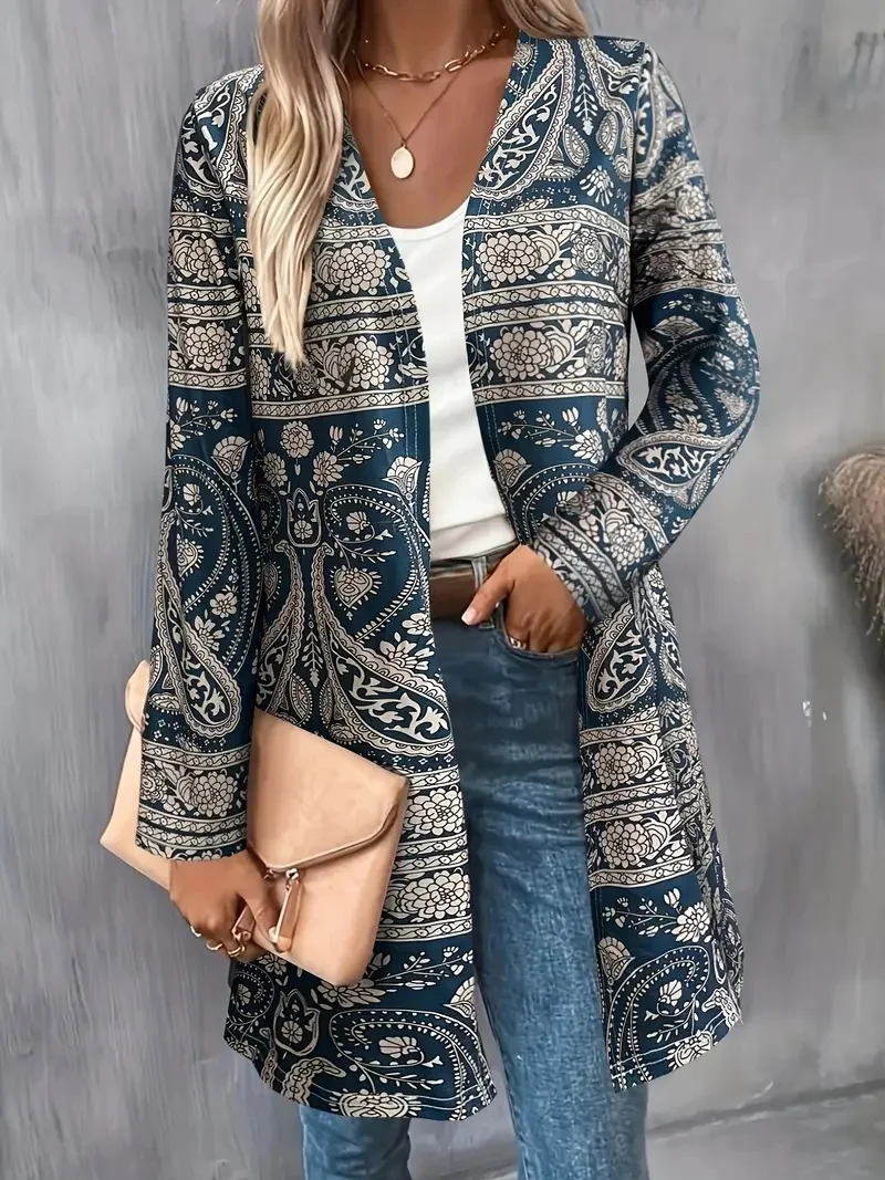Women's Fashionable Spring and Autumn Printed Buttonless Cardigan Long-Sleeved Thin Coat