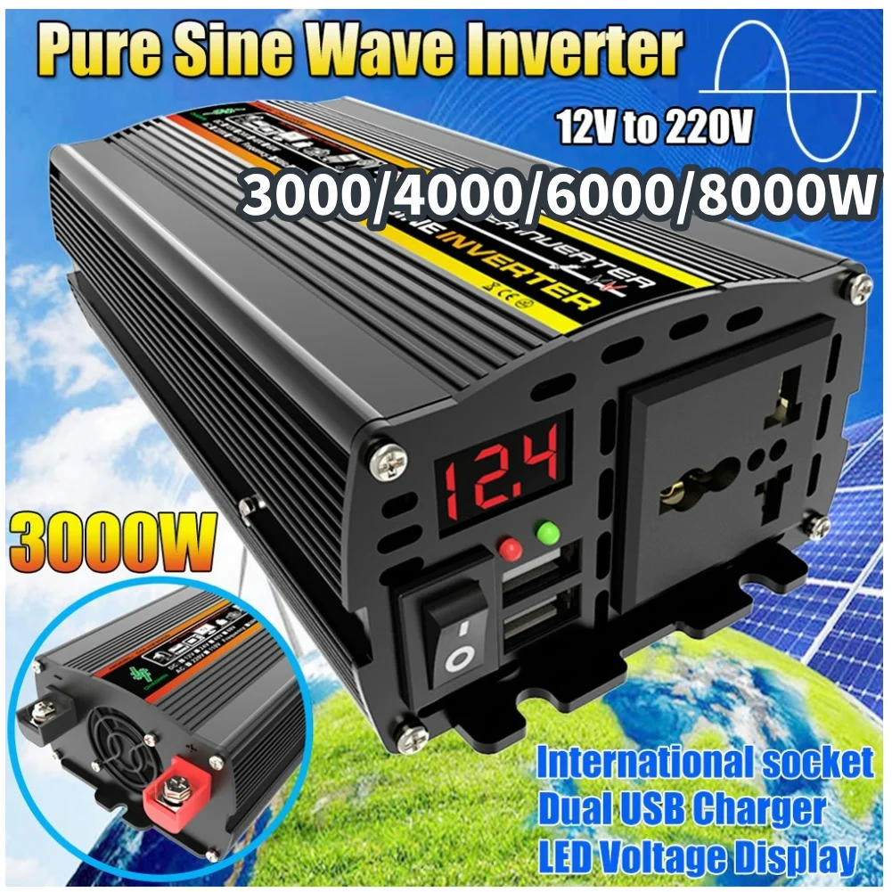 3000/4000/6000/8000W Car Inverter Pure Sine Wave Car Voltage Transformer DC 12V To AC 220V for Car Auto RV for Vehicle Appliance