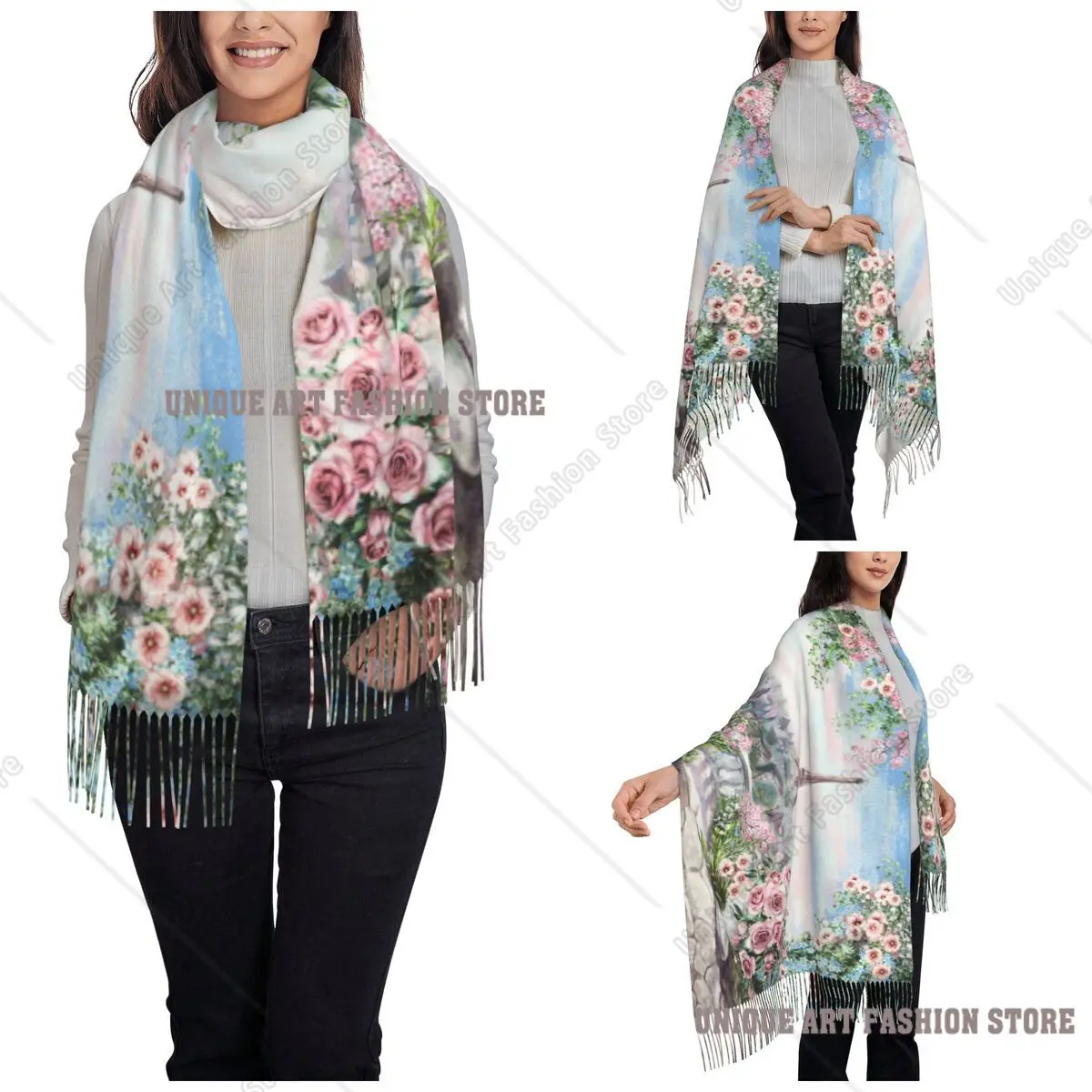 Oil Painting France Paris Eiffel Tower Shawl Wraps Women Warm Large Long Scarf Watercolor Flower Rose Pashmina Tassel Scarves