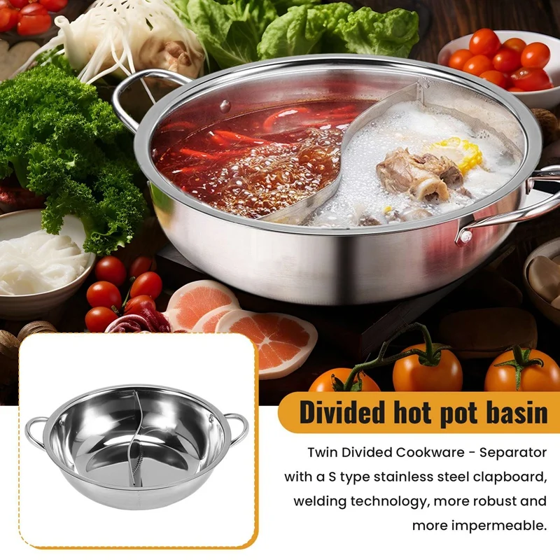 28Cm Hot Pot Twin Divided Stainless Steel 28Cm Cookware Hot Pot Ruled Compatible Soup Stock Pots Home Kitchen