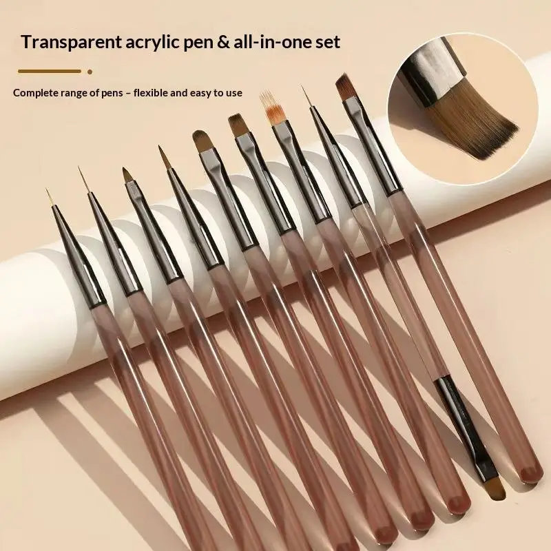 1/9Pcs Professional Acrylic Nail Brush Set Semi-transparent Nail Art Brush Nail Line Draw Waterproof For Home DIY Manicure Salo