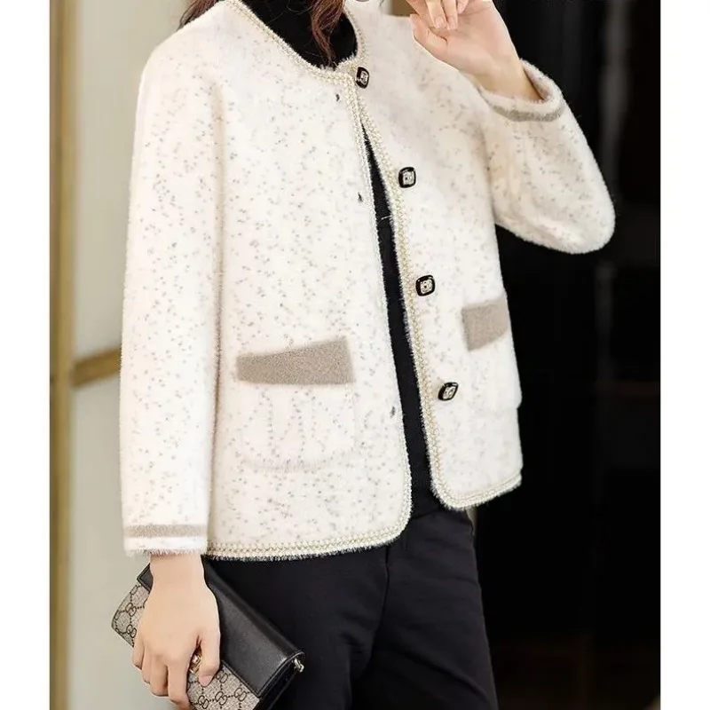 Solid Flocked Women's Button-down Long-sleeved Cardigan Round Neck Pockets Fashionable and Elegant Autumn and Winter Coat Tops
