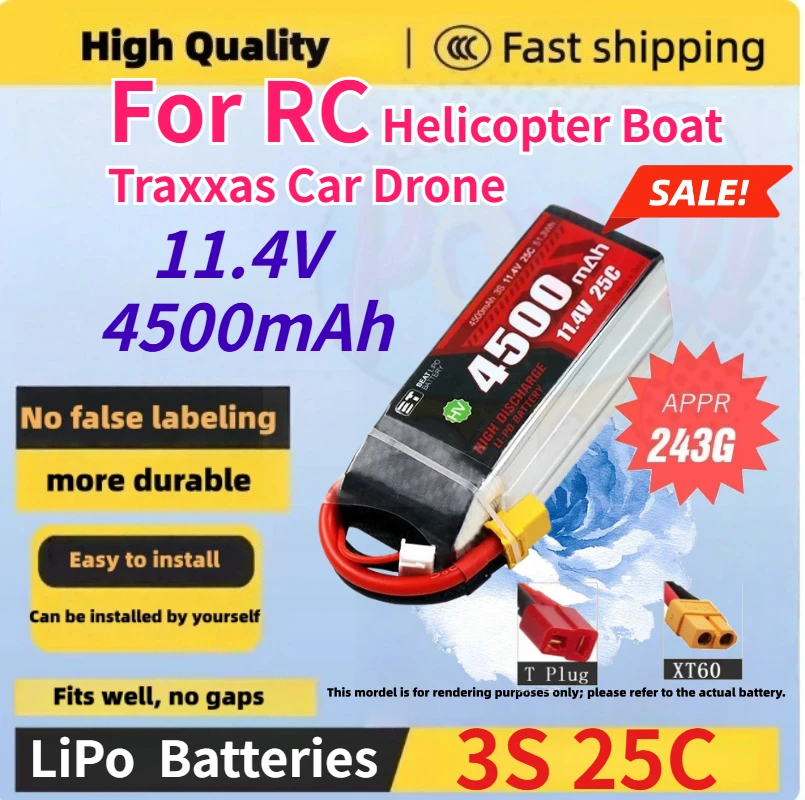

11.4V 4500mAh 3S 25C LiPo Rechargeable Batteries For RC Helicopter Boat Traxxas Car Drone High Magnification Persistent Standby