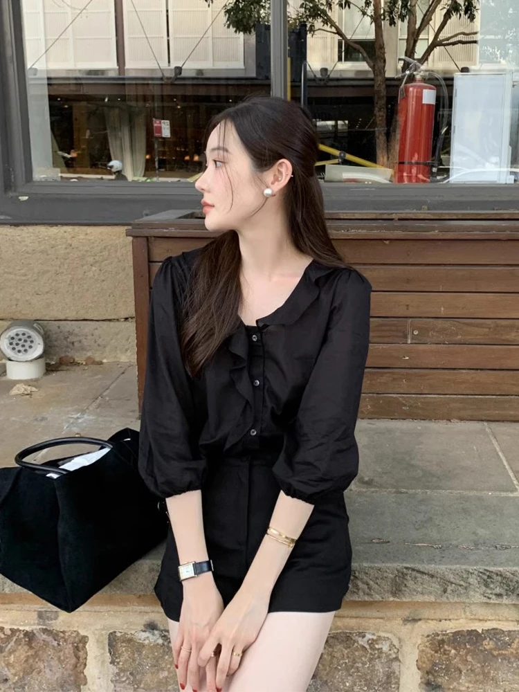 Chique lente zomer lang Sve V-Ne enkele knop casual losse veelzijdige kanten rand irt top anti-aging faion dames clo...