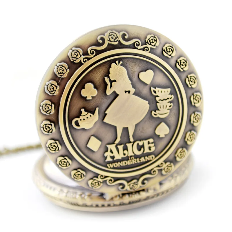 Disney Retro Alice in Wonderland Theme Bronze Quartz Pocket Watches Vintage Fob Watches Christmas Brithday Gift  relogio