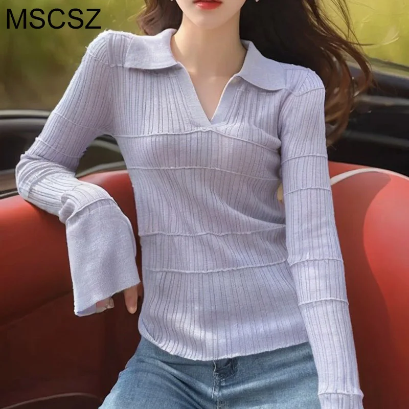 MSCSZ 2024 Autumn Cashmere Sweater For Women V-Neck Flare Sleeve Short Sweater Korean Style Knitted Polo Shirt