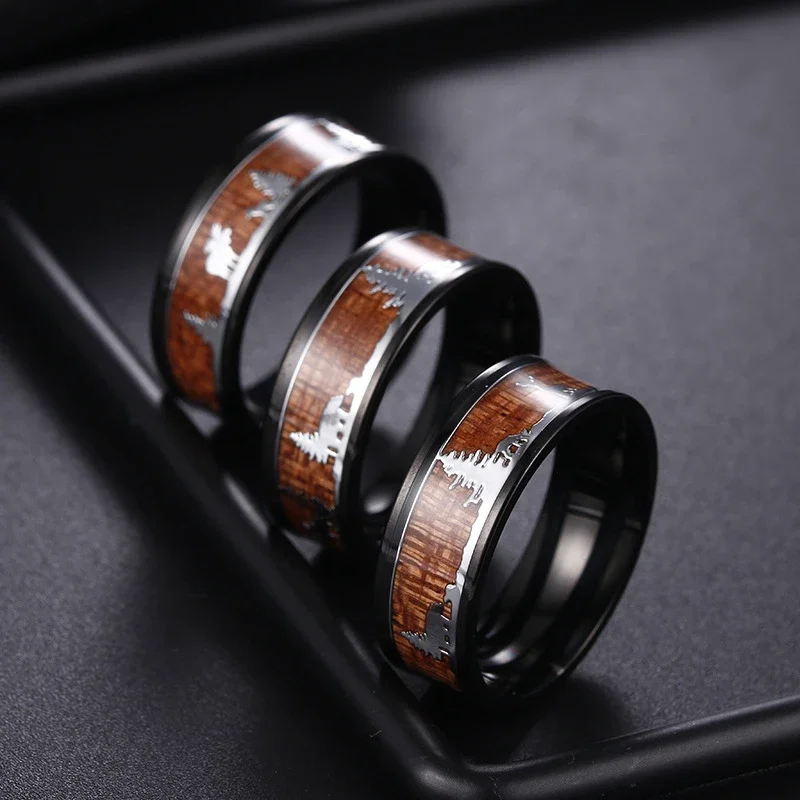 Trendy Black Tungsten Hunting Anel de aço inoxidável Wedding Band Wood Inlay Deer Stag Silhouette Ring Moda Charme Jóias Presentes