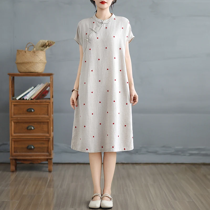 Original Design Summer Cotton Linen Moon Sve Button Dr Small Heart Print Casual Loose Fit mid Length Skirt Sle