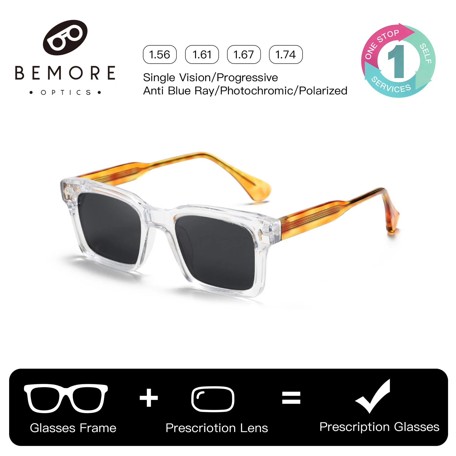 BEMORE Square Prescription Sunglasses Acetate Polarized UV400 Shadow Graduated Optical Lenses Recipe Woman