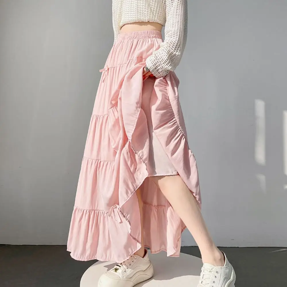 

Bowknot Tiered Midi Skirt Pleated Solid Color Long Cake A-line Skirts Hight Waist Korea Style Seven Point Long Dress Women