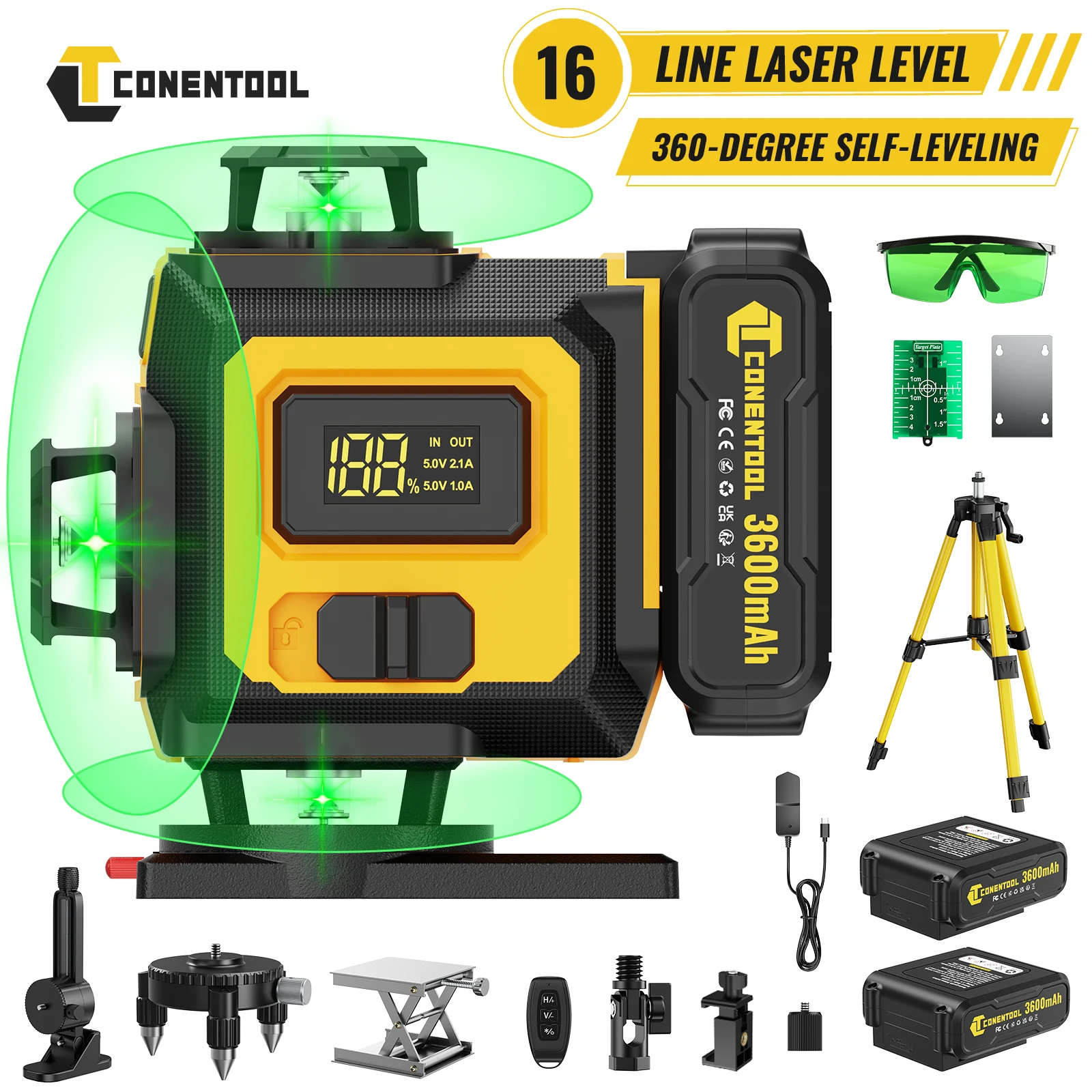 Niveau laser 4D CONENTOOL 16 lignes avec trépied, ligne verte, auto-nivelant, 360° horizontal et vertical, faisceau puissant