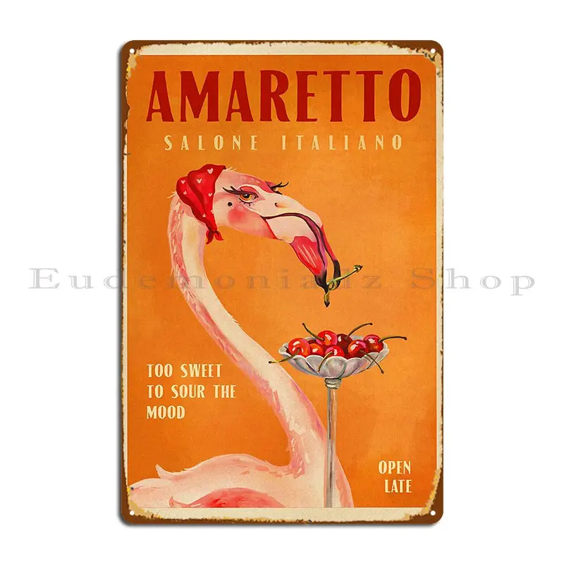 Póster de Amaretto, Impresión de licor fresco de un flamenco comiendo una cereza y atado, nudo de tallo, placa de Metal, cueva de pared, cartel de estaño