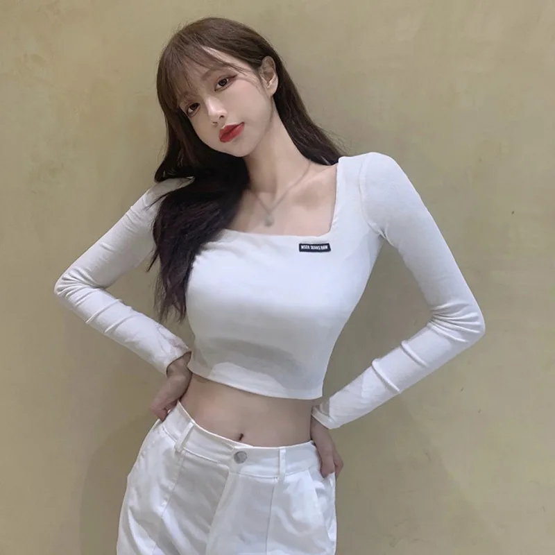 Women's Elegant Square Collar Long Sleeve Slim T-shirt Girly Solid Color Sexy Korean Version Casual Versatile Crop Top