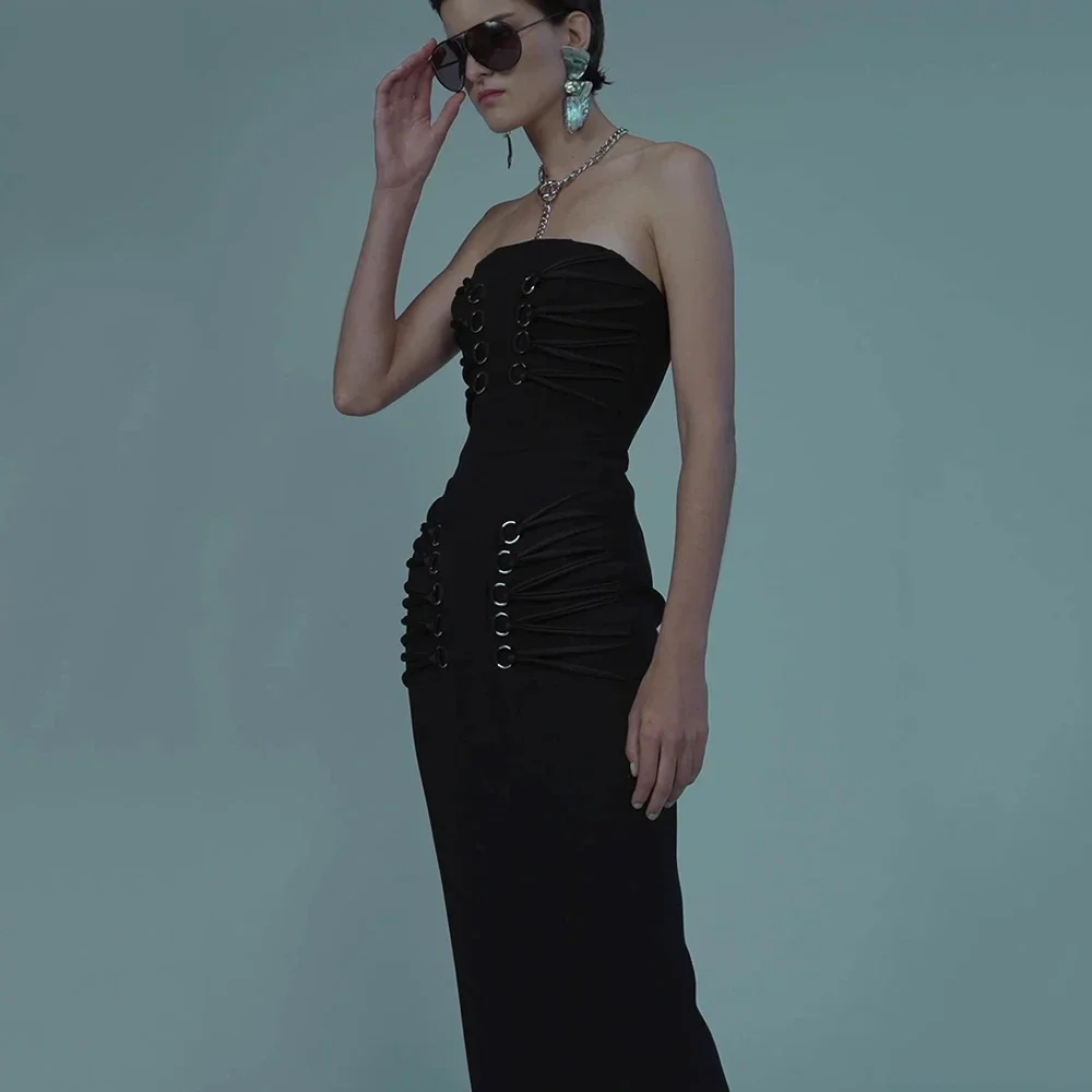 

2024 New Summer Women's Black Sexy Tight Cross Strap Midi Bandage Dress Off Shoulders Elegant Celebrity Party Dress Fashion