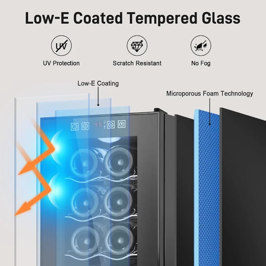 8 Bottle Wine Fridge with Low-E Tempered Glass Door for Optimal Temperature Control and UV Protection LED Touchscreen Display w