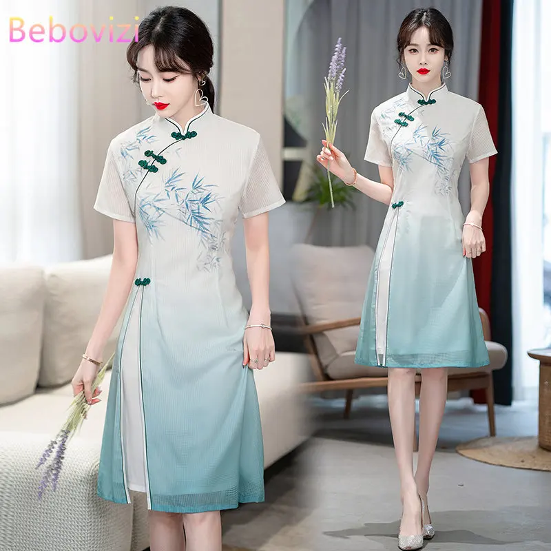 New Elegant Retro Style Modified Cheongsam Chinese Traditional Short Sleeve Qipao Dress Women Clothing